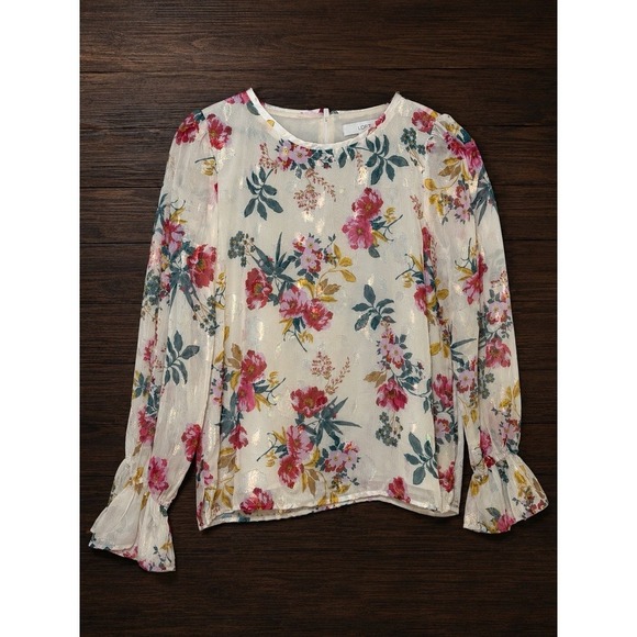 ivory ella Tops - LOFT Floral Sheer Metallic Blouse Small Ivory Pink Long Sleeve